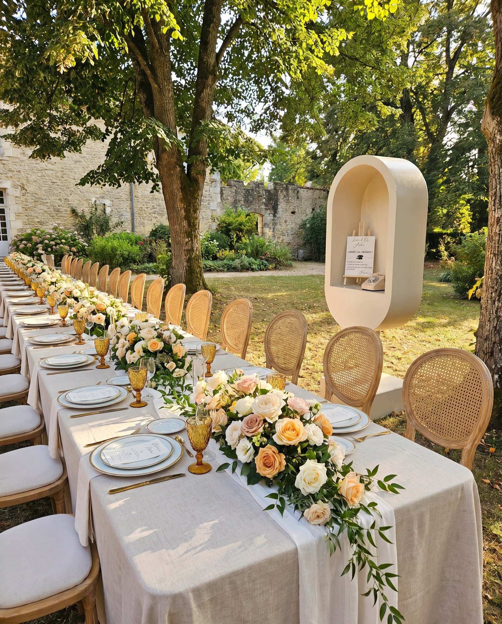 Pupitre installé en bout de table de banquet de mariage outdoor