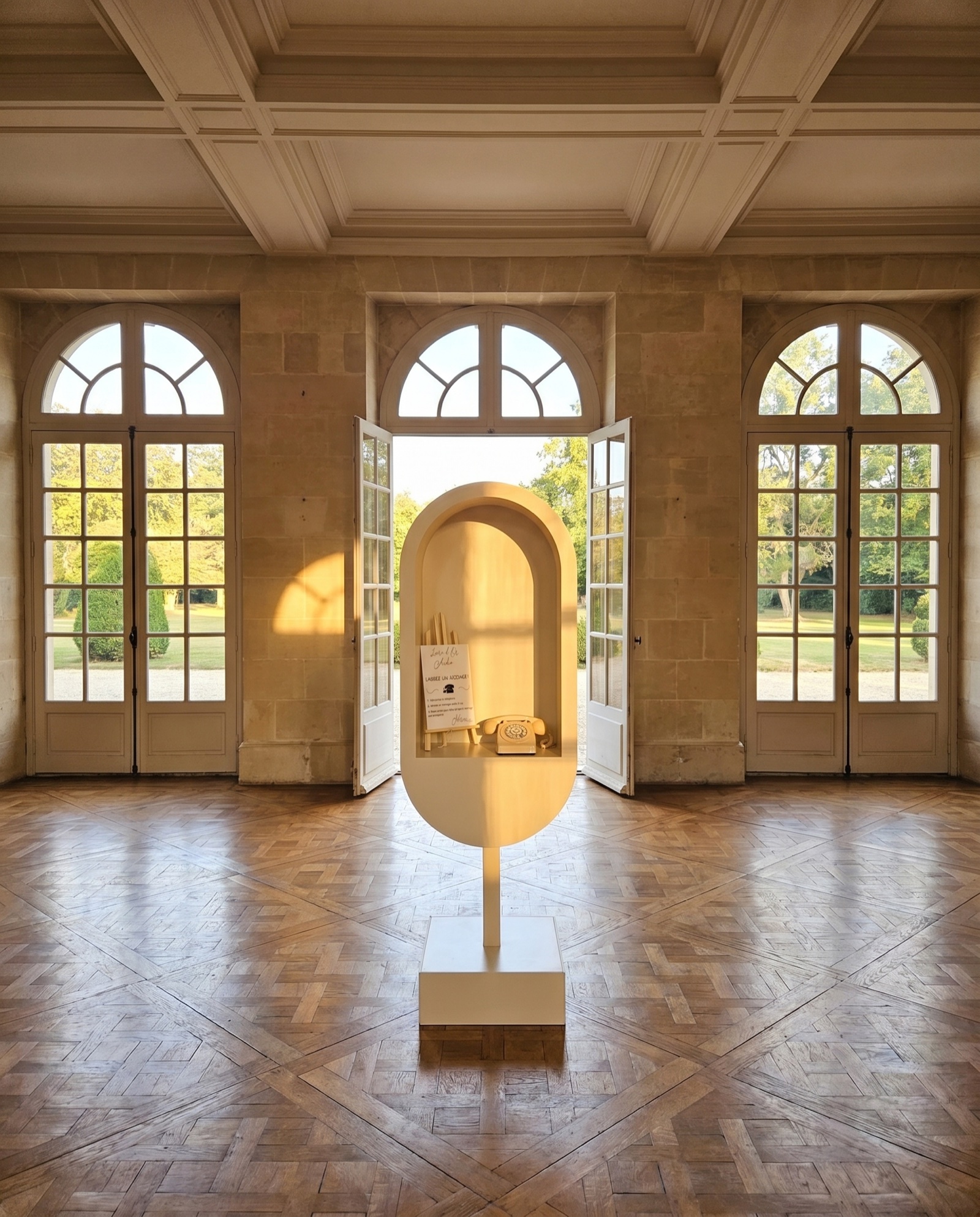 Pupitre dans une salle de manoir breton avec parquet et fenêtres voûtées