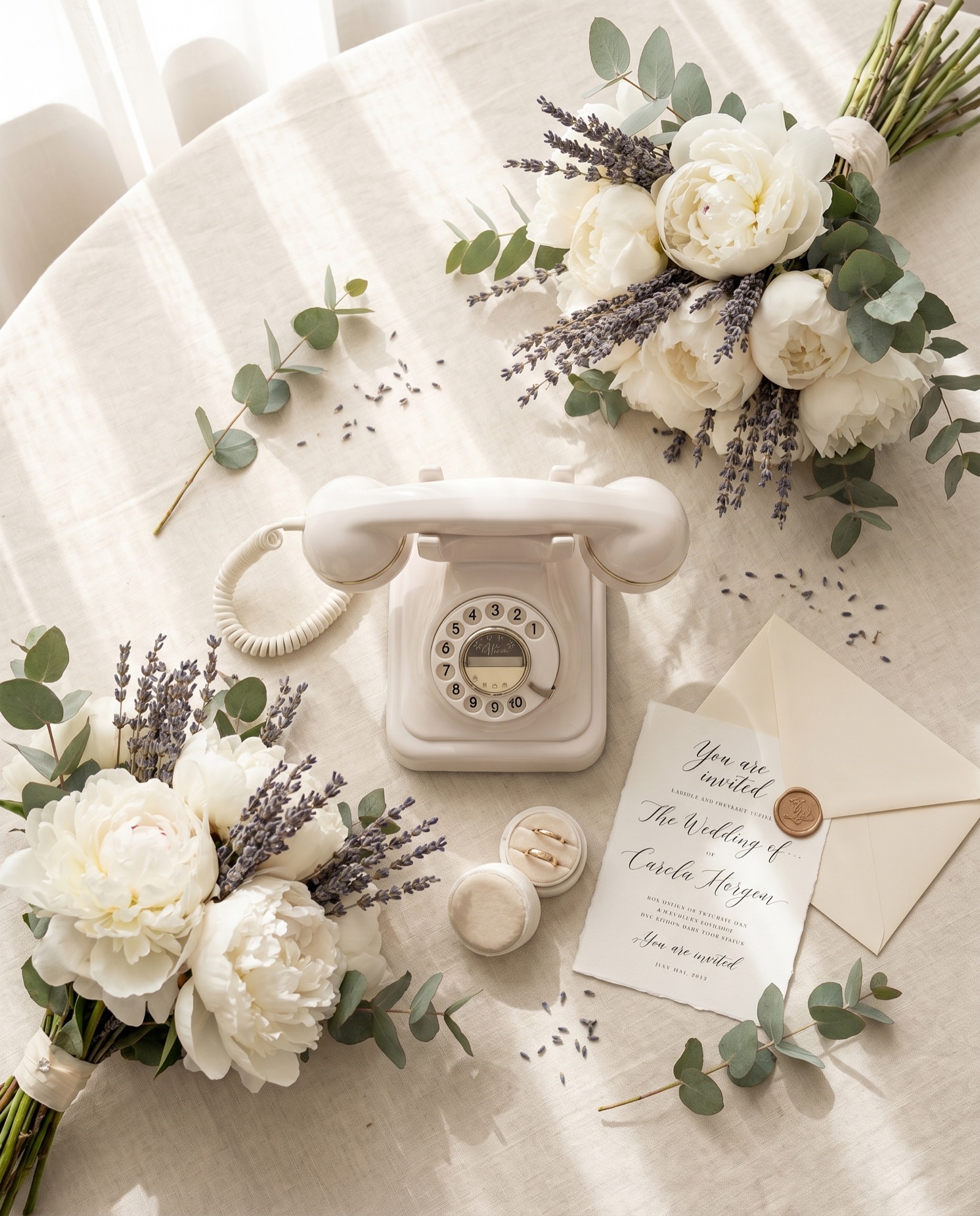 Flat lay téléphone, bouquets de pivoines et lavande, faire-part de mariage